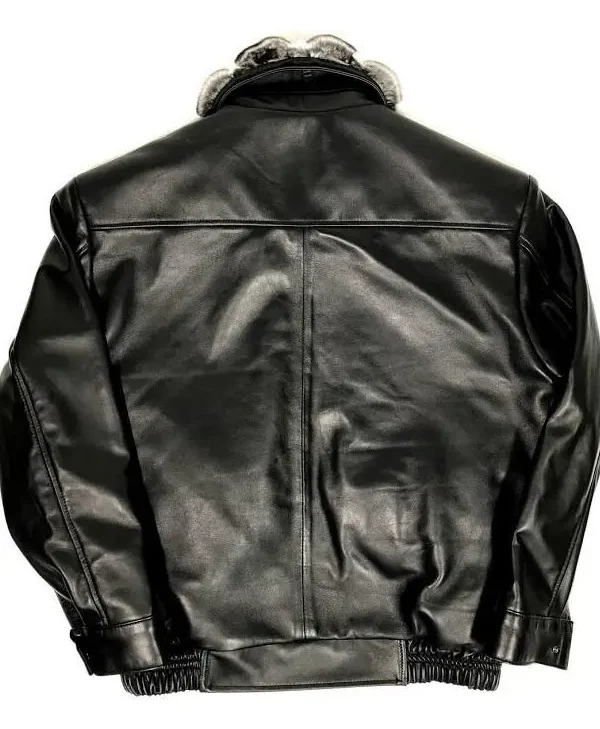 Chinchilla Fur Collar Black Sheepskin Leather Jacket For Sale