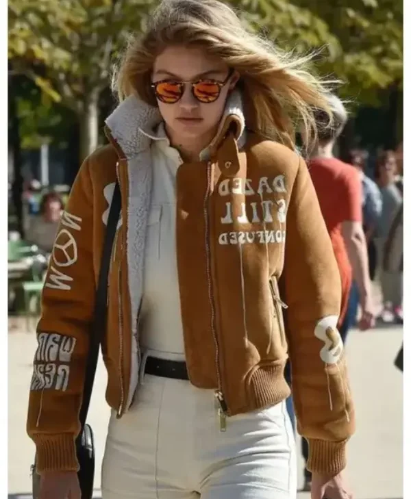 Gigi Hadid Brown Suede Bomber Jacket