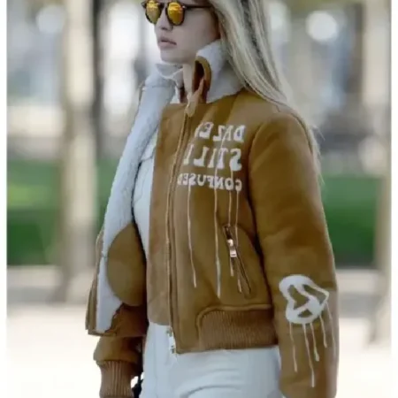 Gigi Hadid Brown Suede Bomber Jacket For Sale