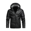 Men’s Padded Shoulders Hooded Black Leather Jacket