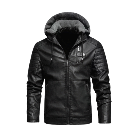 Men’s Padded Shoulders Hooded Black Leather Jacket