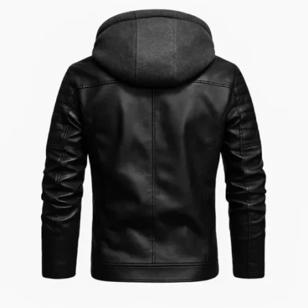 Men’s Padded Shoulders Hooded Black Leather Jacket For Sale