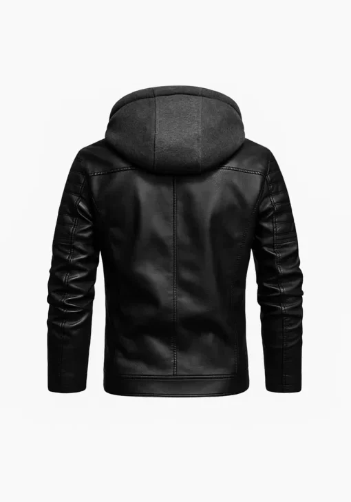 Men’s Padded Shoulders Hooded Black Leather Jacket For Sale