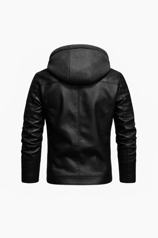 Men’s Padded Shoulders Hooded Black Leather Jacket For Sale Men’s Padded Shoulders Hooded Black Leather Jacket For Sale