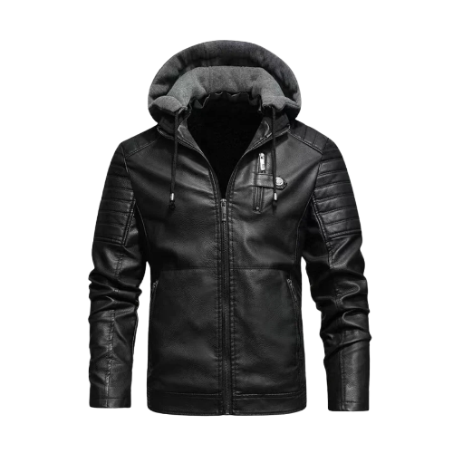 Men’s Padded Shoulders Hooded Black Leather Jacket Men’s Padded Shoulders Hooded Black Leather Jacket