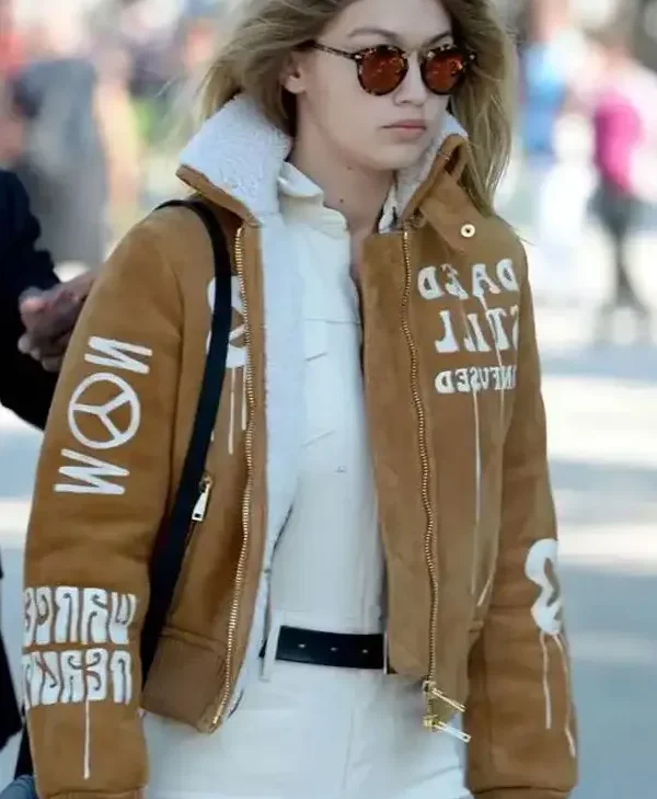 Shop Gigi Hadid Brown Suede Bomber Jacket