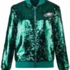 Shop-Womens-Philadelphia-Eagles-Green-Sequin-Bomber-Jacket-on-Sale-Style-01-1229x1536