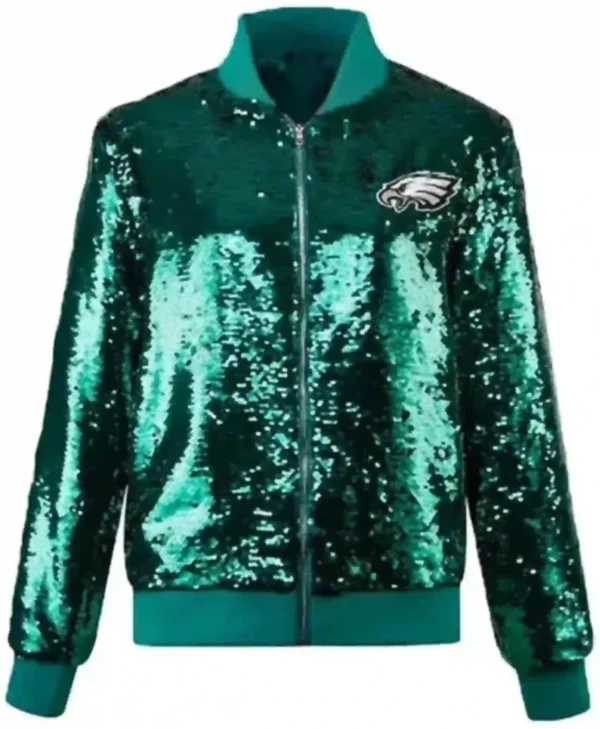 Shop-Womens-Philadelphia-Eagles-Green-Sequin-Bomber-Jacket-on-Sale-Style-01-1229x1536