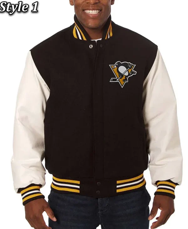 Varsity Pittsburgh Penguins Black and White Wool Leater Jacket