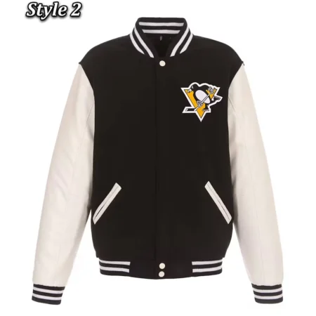 Varsity Pittsburgh Penguins Black and White Wool Leater Jacket For Sale