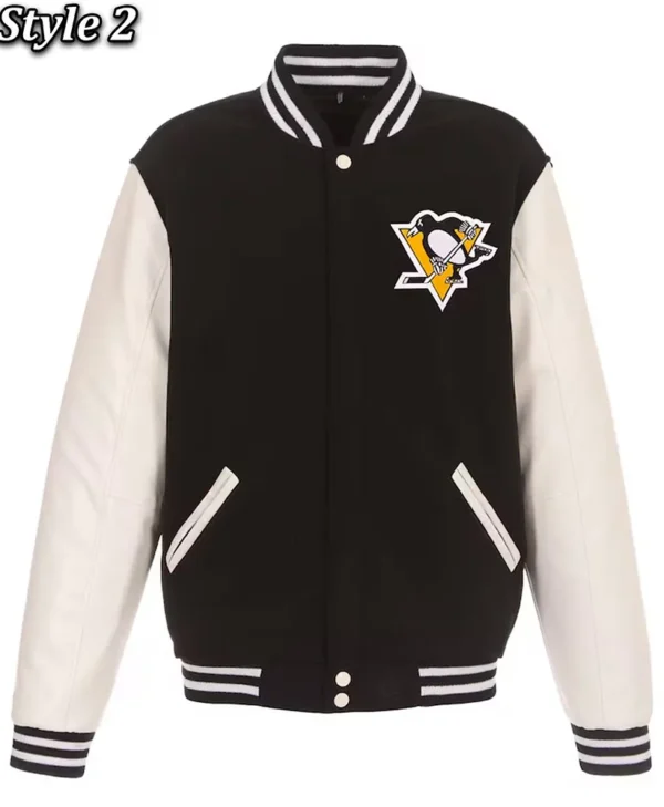 Varsity Pittsburgh Penguins Black and White Wool Leater Jacket For Sale
