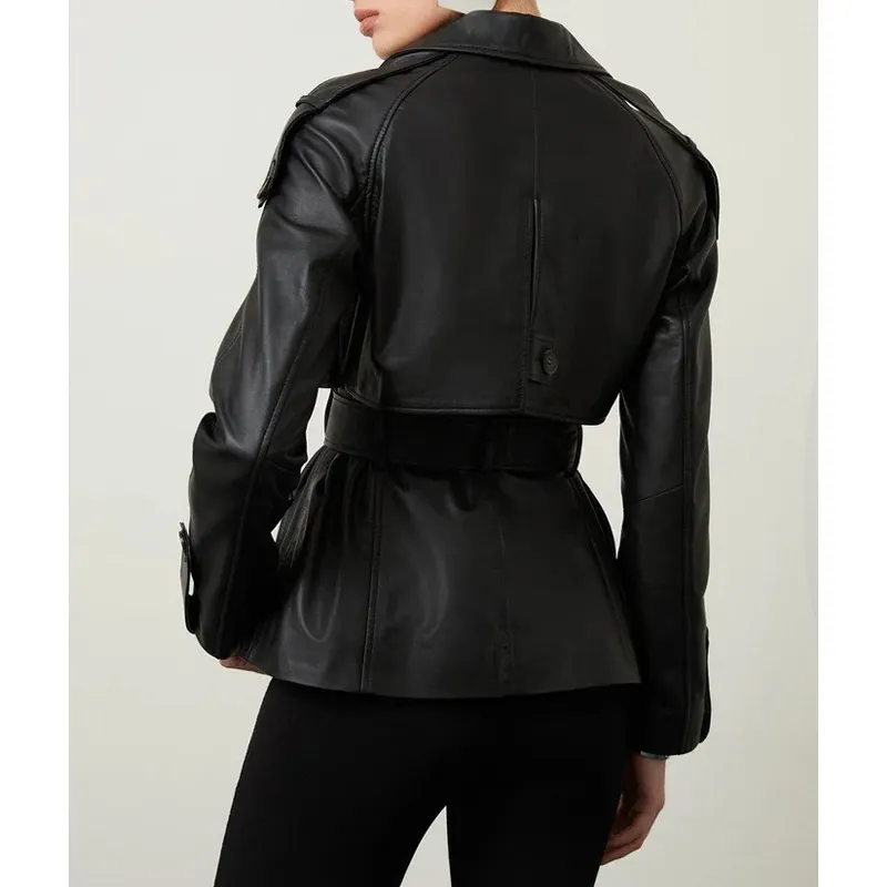 womens-leather-coat-short Women’s Leather Short Belted Trench Coat
