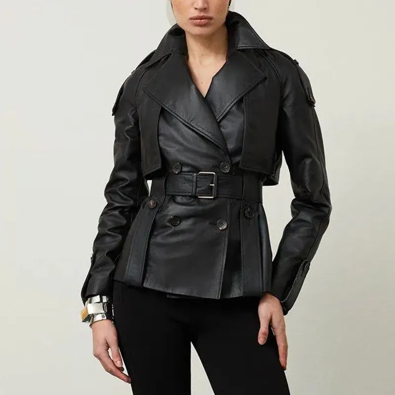 womens-leather-trench-coat-short Women’s Leather Short Belted Trench Coat
