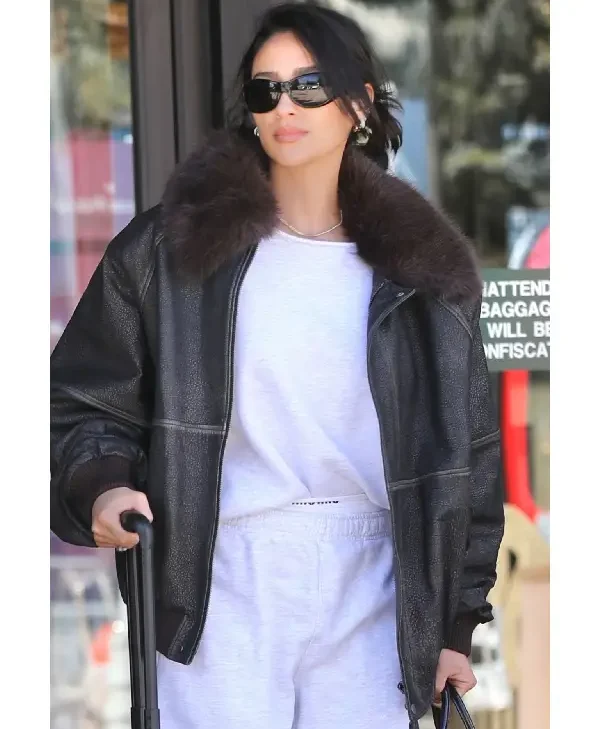 Buy-Shay-Mitchell-Black-Retro-Aviator-Shearling-Bomber-Jacket