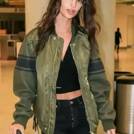 Emily-Ratajkowski-Green-Bomber-Jacket