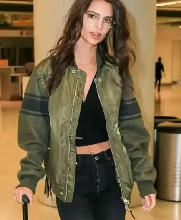 Emily-Ratajkowski-Green-Bomber-Jacket