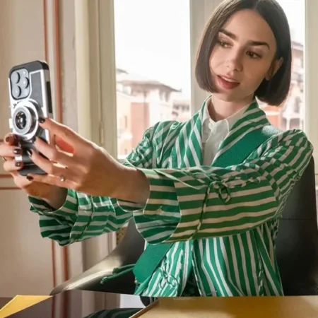 Emily-in-Paris-Lily-Collins-Green-Striped-Jacket