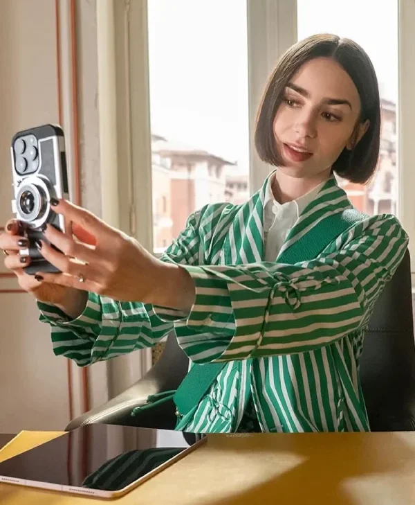 Emily-in-Paris-Lily-Collins-Green-Striped-Jacket