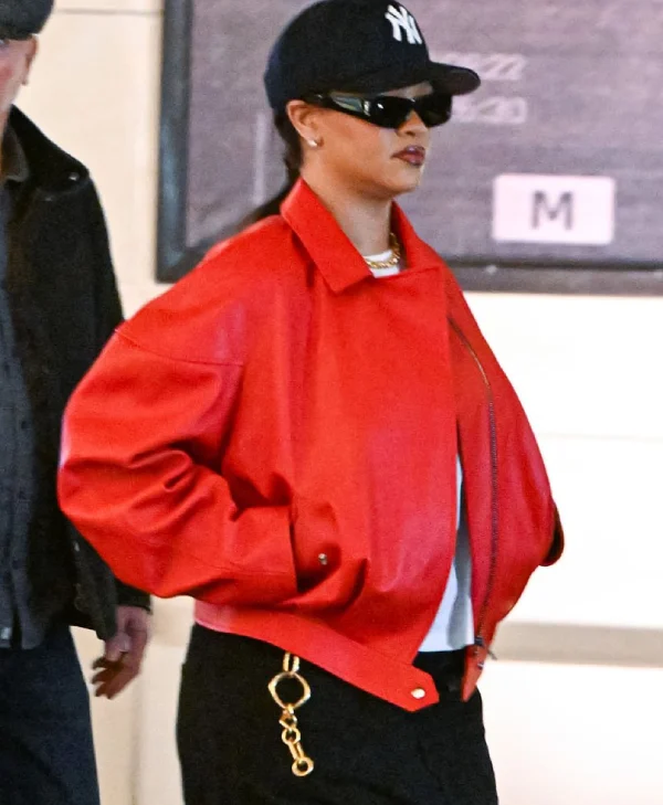 Get Rihanna Oversized Red Leather Jacket