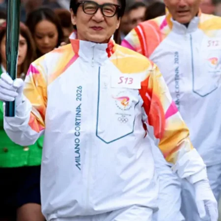 Jackie Chan 2026 Winter Olympics Flame Jacket side pose