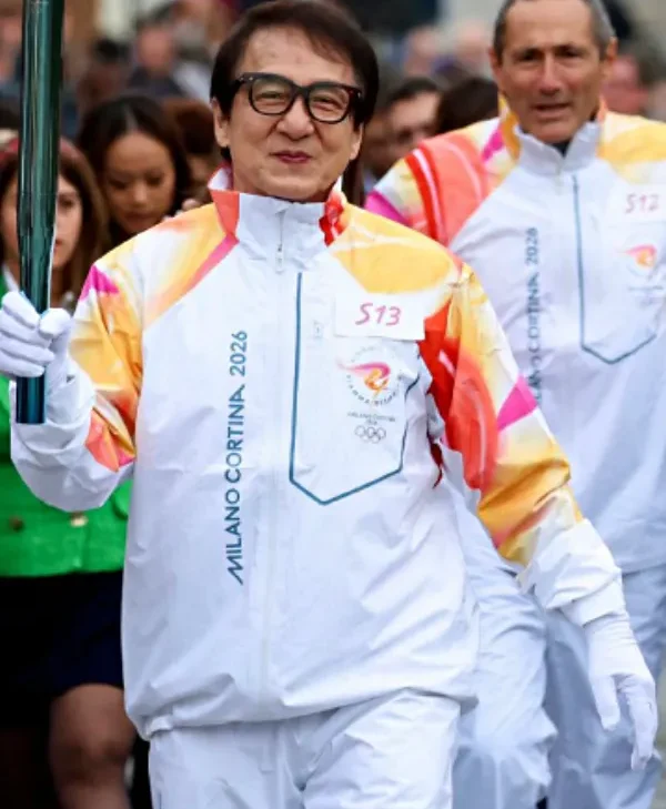 Jackie Chan 2026 Winter Olympics Flame Jacket side pose