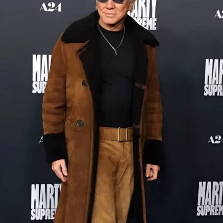 LA Premiere Of Marty Supreme Baz Luhrmann Leather Shearling Coat