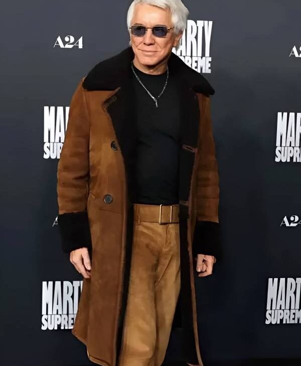LA Premiere Of Marty Supreme Baz Luhrmann Leather Shearling Coat