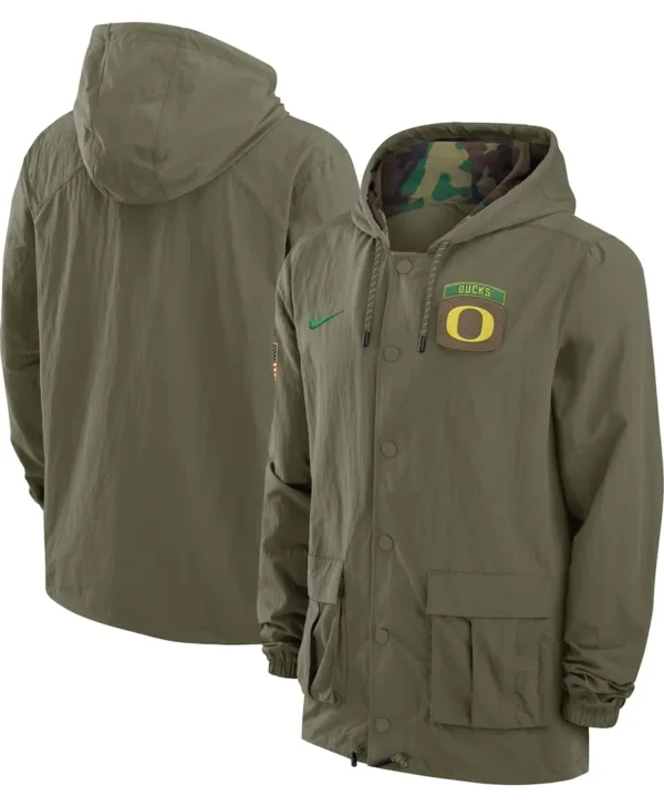 Men's Nike Olive Oregon Ducks 2024 Military Appreciation Full-Snap Hoodie Military Jacket