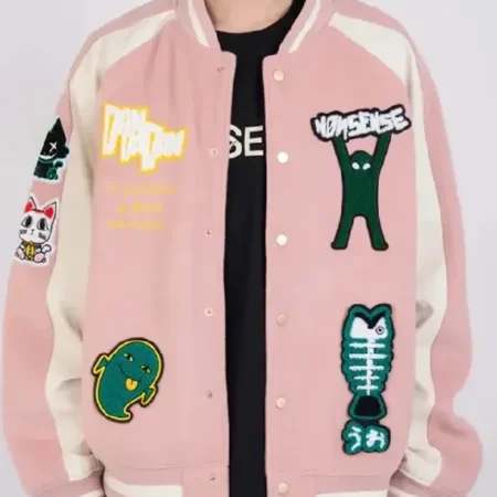 Momo Ayase Dandadan Pink Wool Varsity Jacket