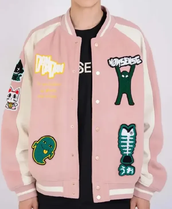 Momo Ayase Dandadan Pink Wool Varsity Jacket