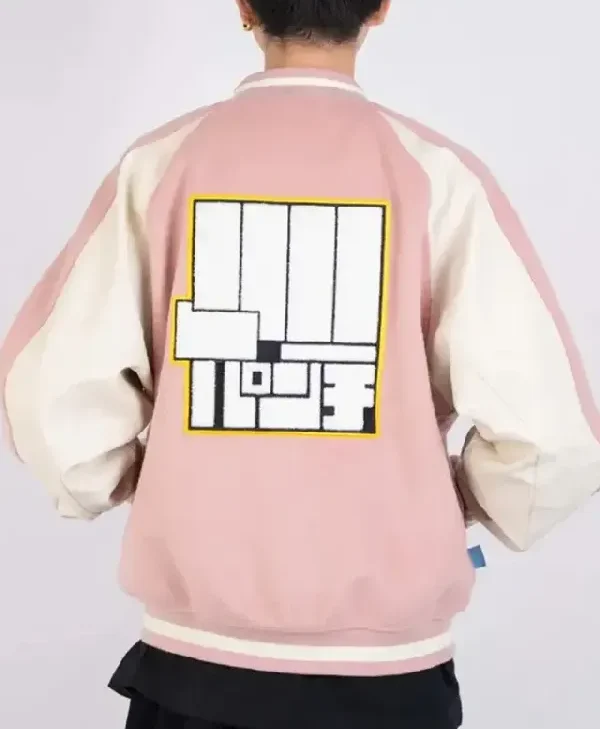 Momo Ayase Dandadan Pink Wool Varsity Jacket For Sale