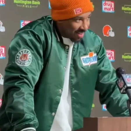 Myles-Garrett-Gatorade-Green-Satin-Varsity-Jacket