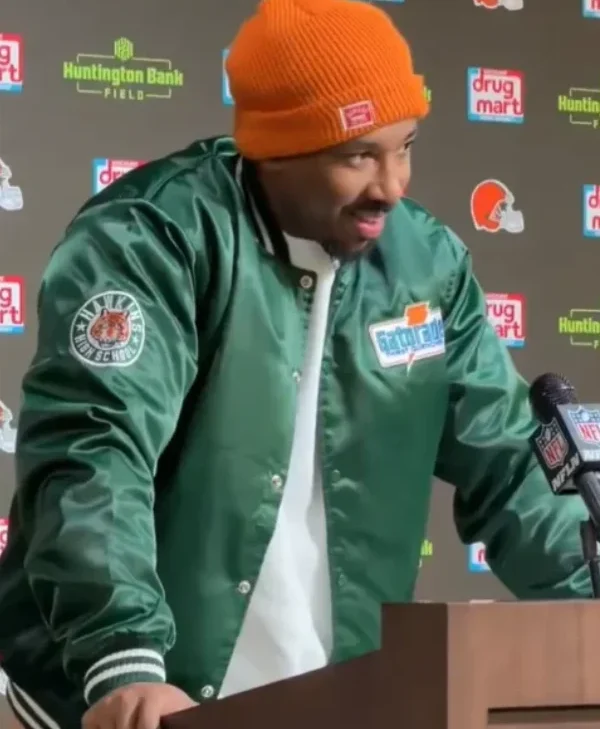 Myles-Garrett-Gatorade-Green-Satin-Varsity-Jacket