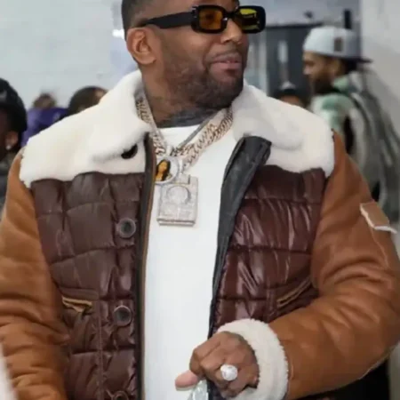 Shop-Rapper-Maino-Lets-Rap-About-It-Podcast-Brown-Quilted-Shearling-Leather-Jacket-Sale-1229x1536
