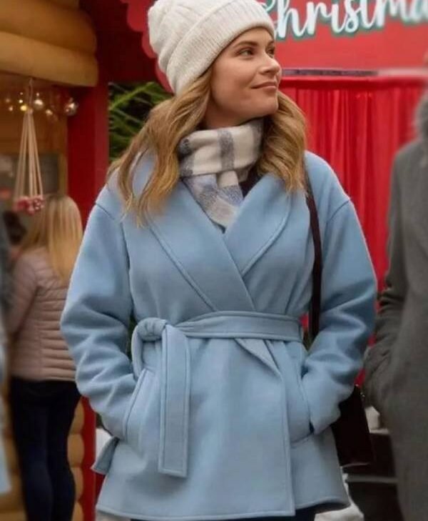 Single on the 25th 2025 Lyndsy Fonseca Blue Wool Wrap Coat