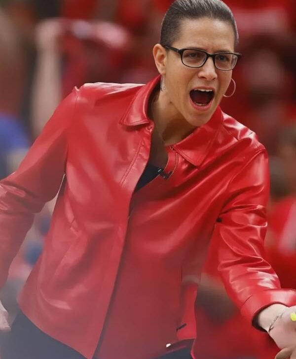 WNBA-Playoffs-Semi-Final-2025-Stephanie-White-Red-Leather-Jacket