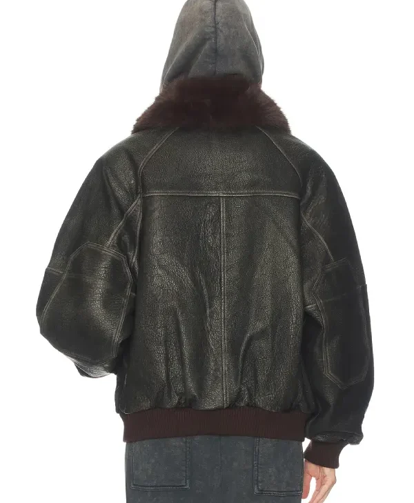 Buy Faux Fur Collar Oversized Leather Bomber Jacket
