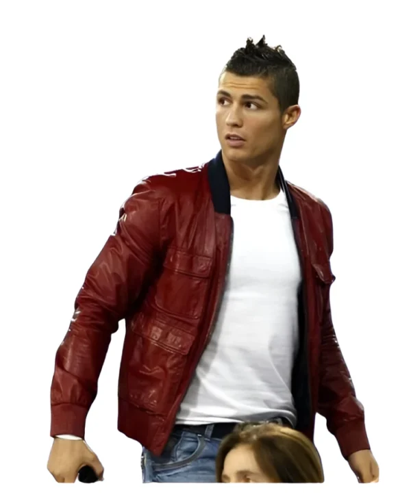 Cristiano Ronaldo Biker Maroon Leather Jacket front