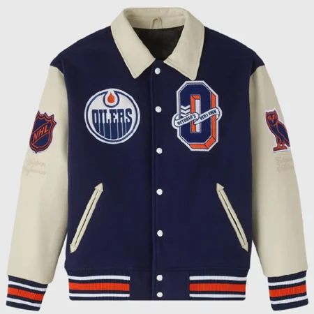 Edmonton Oilers OVO Navy and Beige Varsity Jacket