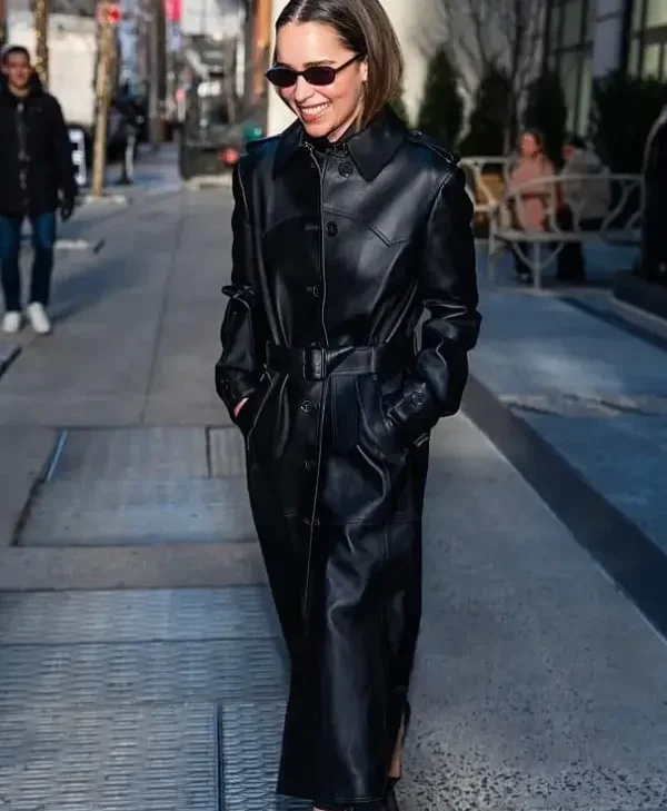Emilia Clarke New York City 2026 Leather Trench Coat close