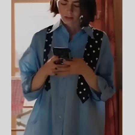 Emily In Paris S05 Lily Collins Blue Shirt With Polka Dot Tie
