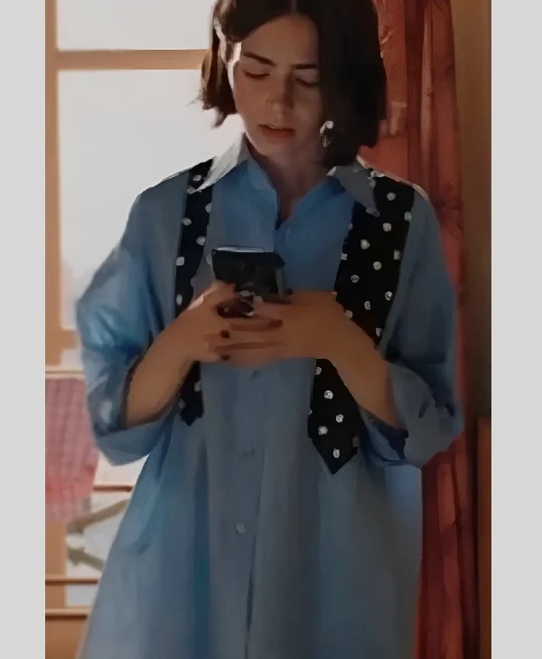Emily In Paris S05 Lily Collins Blue Shirt With Polka Dot Tie