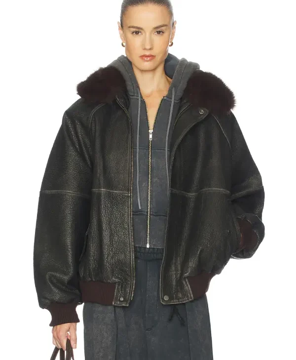 Faux Fur Collar Oversized Leather Bomber Jacket