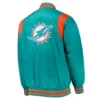 Get Miami Dolphins Prime Time Full-Snap Aqua Satin Varsity Jacket