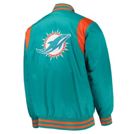 Get Miami Dolphins Prime Time Full-Snap Aqua Satin Varsity Jacket