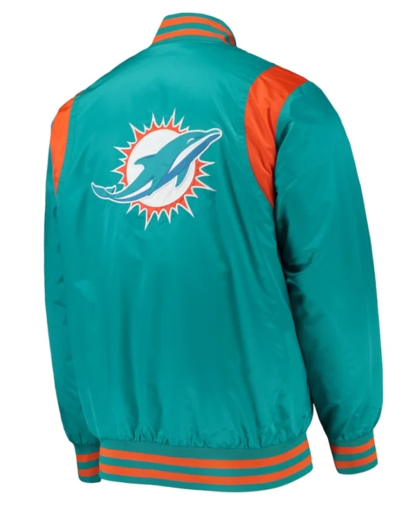 Get Miami Dolphins Prime Time Full-Snap Aqua Satin Varsity Jacket