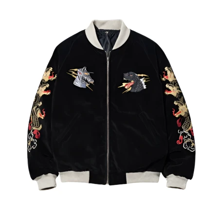 Godzilla Black Embroidered Bomber Jacket front