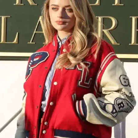 Joey King Fashion Week Red Varsity Jacket front
