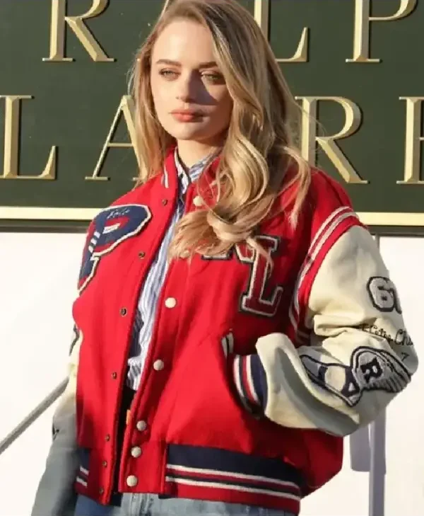 Joey King Fashion Week Red Varsity Jacket front