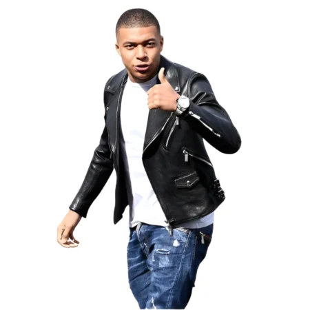 Kylian Mbappe Black Leather Jacket front
